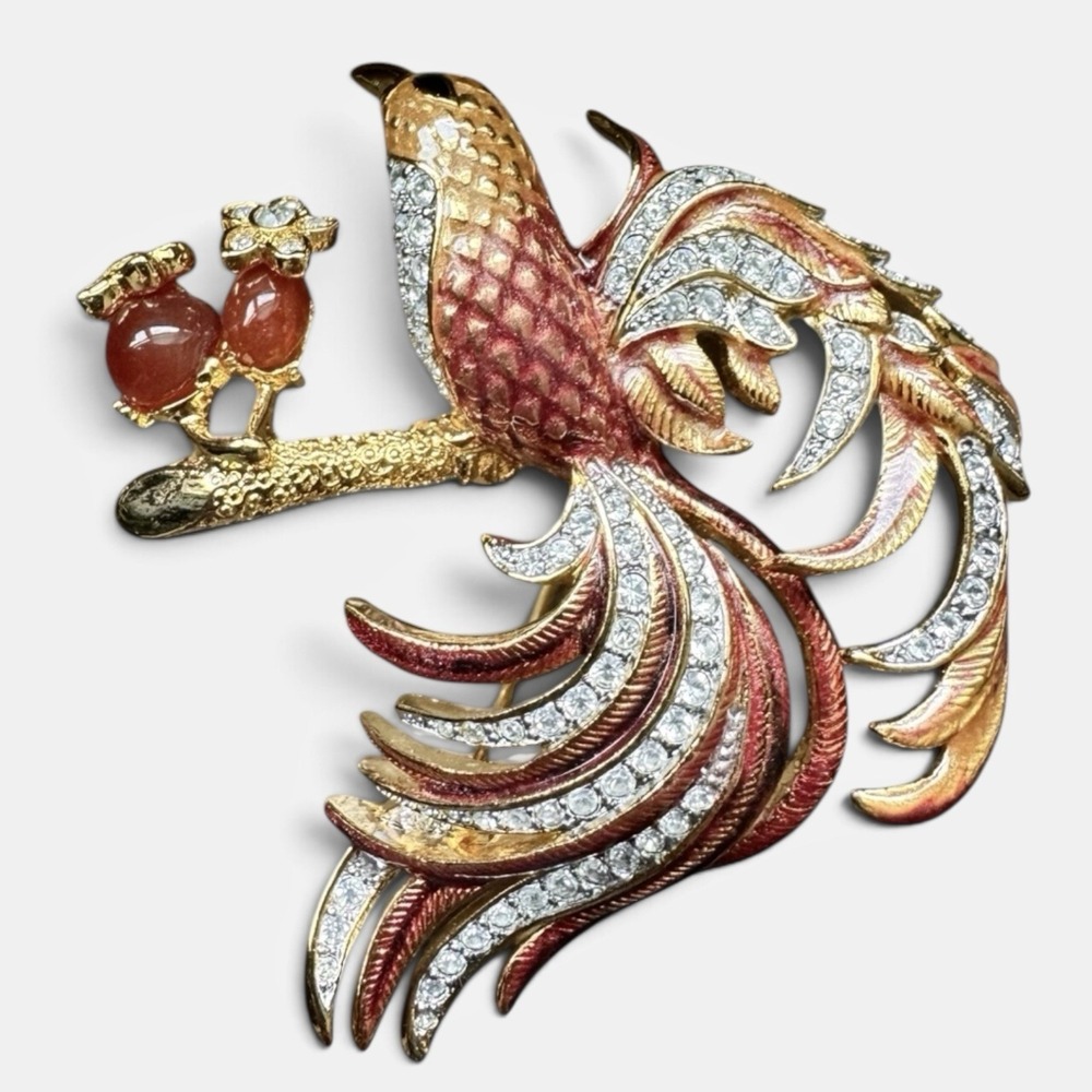 Nolan Miller Bird of Paradise Rhinestone Enamel Brooch Gold Tone Signed